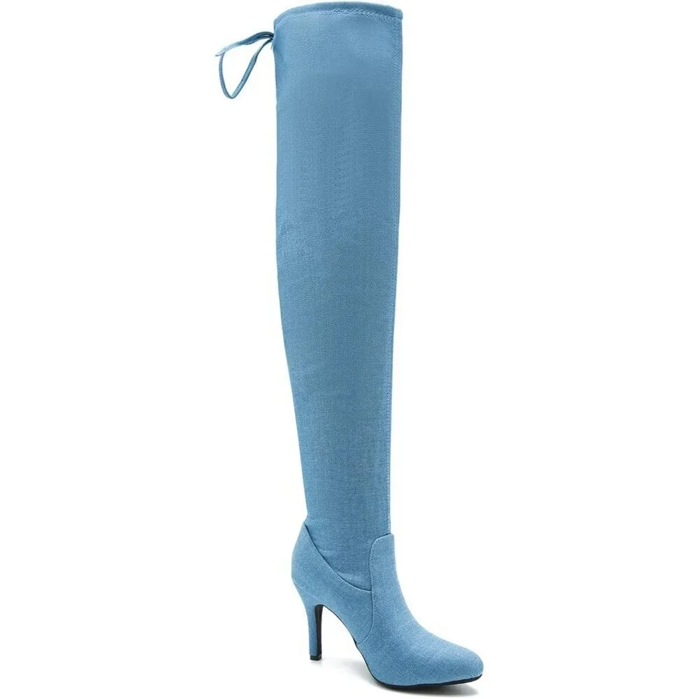 Women Blue Polyurethane Pointed Toe Over The Knee Thigh High Stiletto Heel Boot